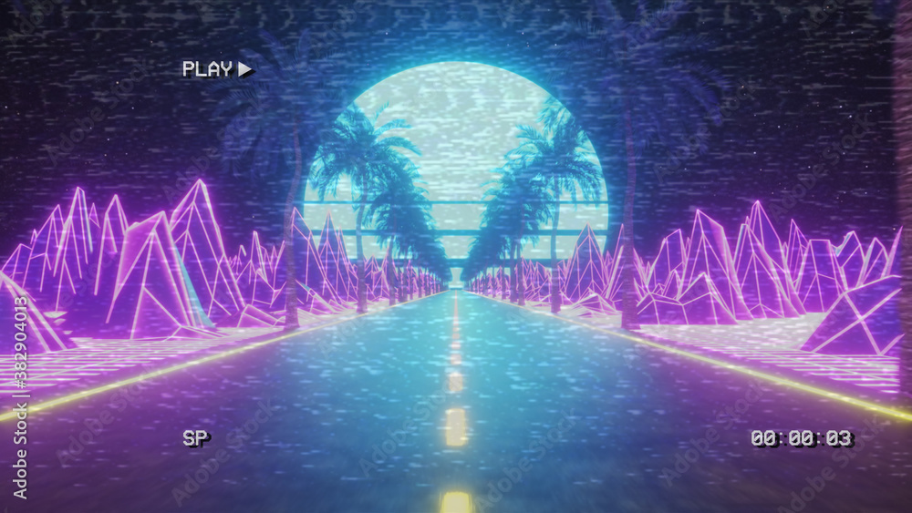 80s retro futuristic sci-fi. Retrowave VJ videogame landscape, neon ...