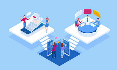 Isometric concept of business analysis, analytics, research, strategy statistic, planning, marketing, study of performance indicators. Investment in securities, smart investment, strategic management