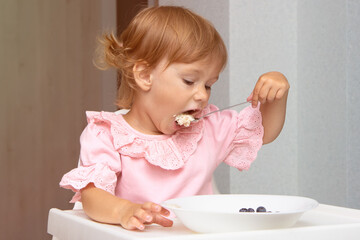 Little kid girl eating her morning porridge oatmeal with blueberries herself, sitting in baby chair in kitchen