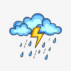 Wall Mural - Flat Cute Rain Cloud Illustration Symbol with Unique Style Design, Unusual Rainy Weather Forecast with Yellow Thunder or Lightning Template Vector