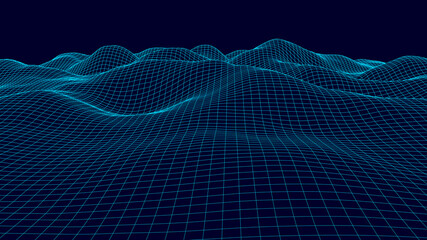 Vector wireframe 3d landscape. Technology grid illustration. Network of connected dots and lines. Futuristic background.