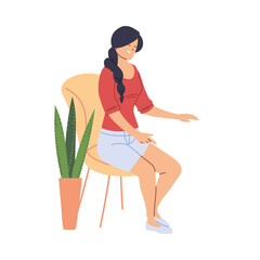 Sticker - smiling woman sitting on a chair next to a flower pot