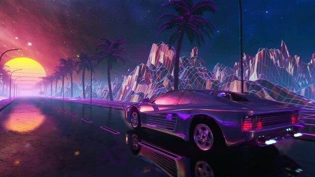 Wall Mural - 80s retro futuristic drive seamless loop with vintage car. Stylized sci-fi landscape race in outrun VJ style, night sky. Vaporwave 30 fps 3D animation background for EDM music video, DJ set, club. 4k