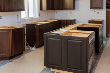 Wall Mural - Cabinet of installation base for island in center installation of kitchen countertops and sink