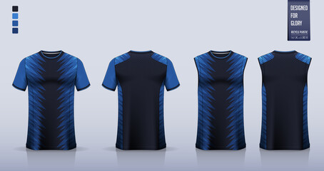Blue t-shirt mockup, sport shirt template design for soccer jersey, football kit. Tank top for basketball jersey, running singlet. Fabric pattern for sport uniform in front view back view. Vector.