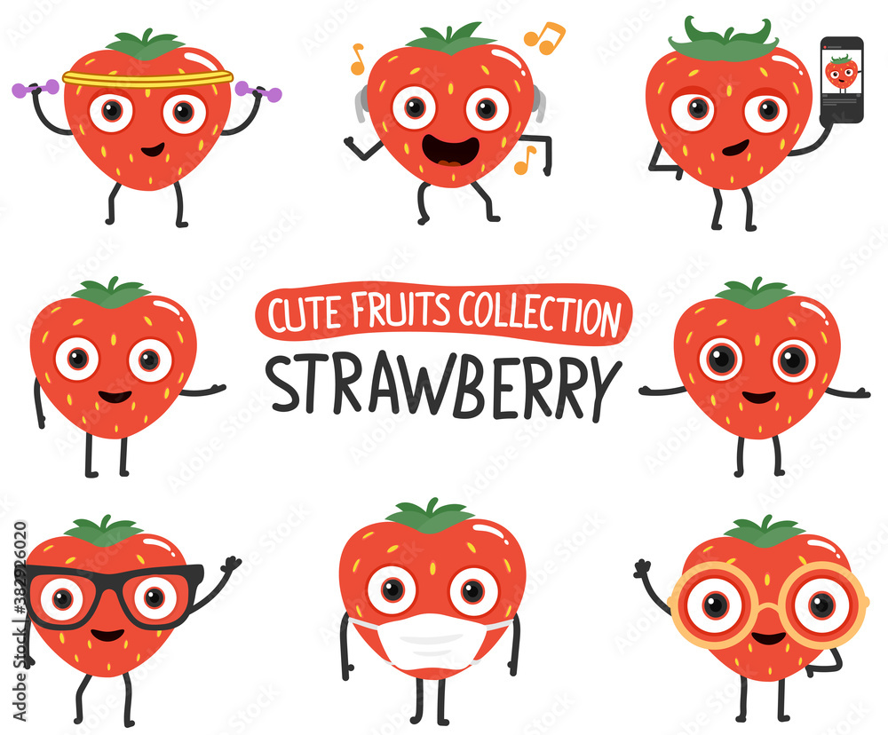 Cute strawberry cartoon characters set.To see the other vector fruit ...