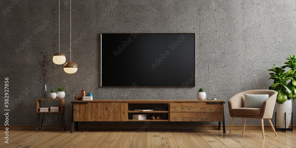 Tv on cabinet the in modern living room the concrete wall. - obrazy, fototapety, plakaty 