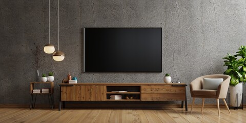 tv on cabinet the in modern living room the concrete wall.