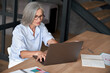 © insta_photos - Older mature middle aged business woman employee using laptop typing computer sitting at workplace desk. Senior old lady 60s grey-haired businesswoman entrepreneur or executive working on pc in office