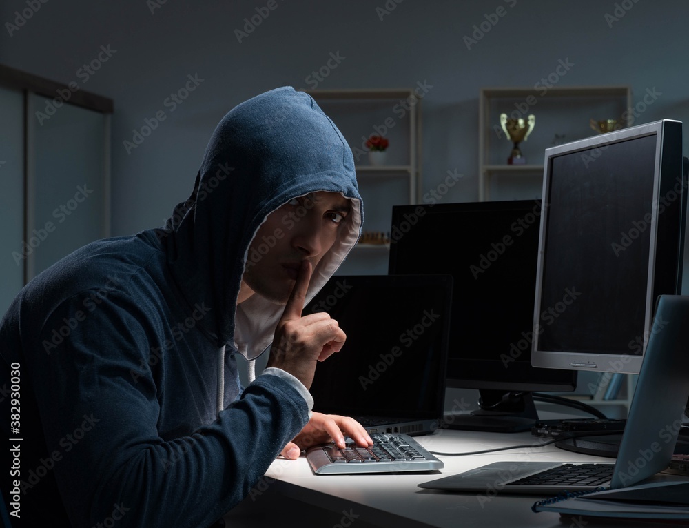 Hacker hacking computer at night - obrazy, fototapety, plakaty 
