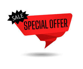 Wall Mural - Black Friday sale red banner template, special offer. Retro design element dialog cloud, halftone dot background. Advertising sign banner of sale, promotion. Isolated vector illustration
