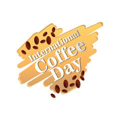 Wall Mural - international coffee day label with coffee grains on white background