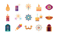 Set Of Icons For India Festival Of Lights On White Background