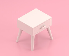 Isometric white nightstand in flat color pink room,single color white, cute toylike household objects, 3d rendering, 3d icon