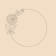 Circle Frame Of Dahlia Flowers And Branches. Round Icon In A Trendy Minimalistic Linear Style. Vector Floral Wreath For Cosmetics Logo, Beauty Studio, Hair Salon, Spa