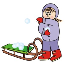 Girl With Snowball And Sleigh, Funny Vector Illustration	
