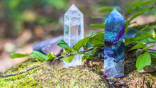 Gemstones Fluorite, Quartz Crystal And Various Stones. Magic Rock For Mystic Ritual, Witchcraft Wiccan And Spiritual Healing On Stump In Forest. Meditation Reiki. Ritual For Love