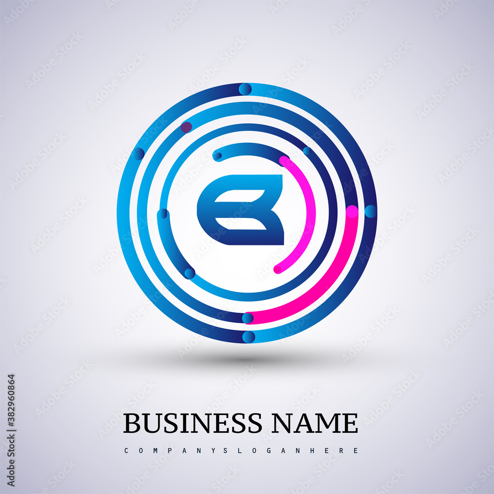 Letter E vector logo symbol in the circle thin line colored blue and ...