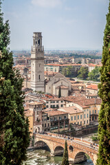 Wall Mural - Beautiful views of Verona, the Adige river, bridg and Cathedral from the observation deck at St. Peter's castle. Verona, Veneto, Italy