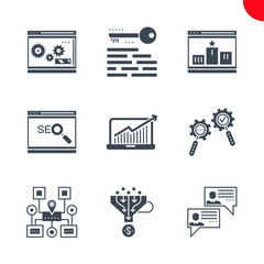 Wall Mural - seo related vector glyph icons set. social chanels, keywording, sales funnel, sitemap navigation, se