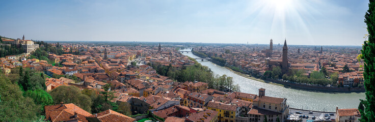 Verona street. Old europe italian city panoramic view with Romeo and Juliet, beautiful architecture, Adige river and bridges. Summer travel concept.