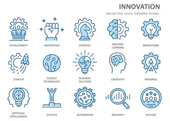 Sticker - Innovation flat line icons. Vector illustration. Editable stroke.