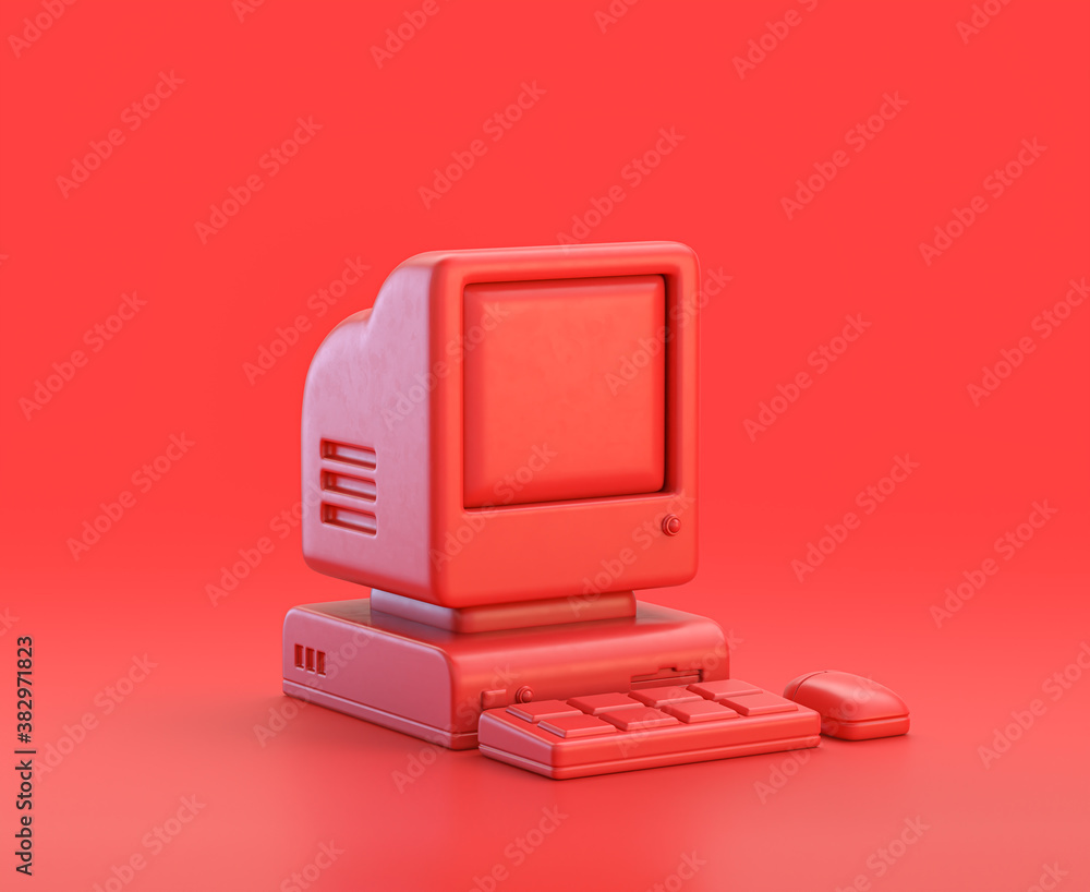 monochrome single color red 3d Icon, an old computer with keyboard and mouse in red background,single color, 3d rendering