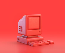 Monochrome Single Color Red 3d Icon, An Old Computer With Keyboard And Mouse In Red Background,single Color, 3d Rendering