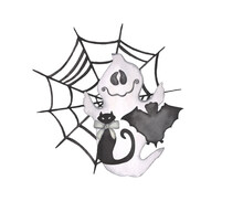 Watercolor Halloween Black Cat, Happy Ghost, Bat Grey Bow And Spider Web