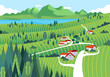 countryside in the mountains with houses, lake, forest and  vast green fields vector illustration