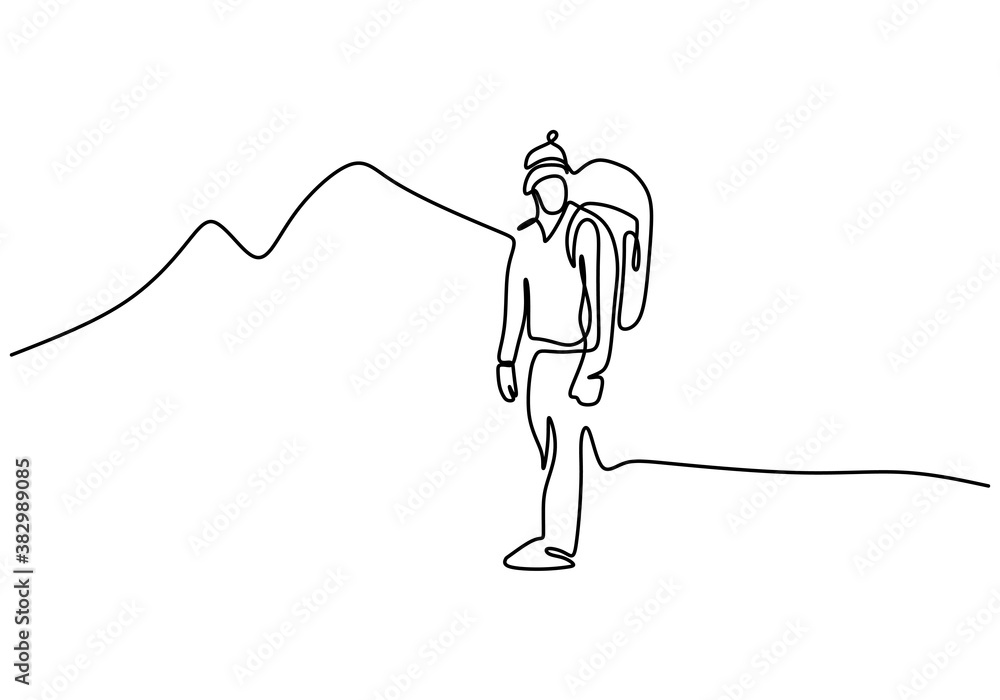 Continuous line drawing of climber on mountain. A backpacker man takes ...