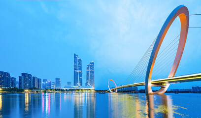 Poster - Eye of Nanjing Pedestrian Bridge and urban skyline in Jianye District, Nanjing, China