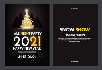 New 2021 year party flyer template with gold shining Christmas tree and coniferous forest