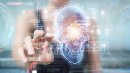 Aufkleber - Woman using digital x-ray skull holographic scan projection 3D rendering