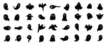 Doodle Cute Ghosts Haloween Great Collection. Simple Spooky Character. Scary Ghostly Monsters. 