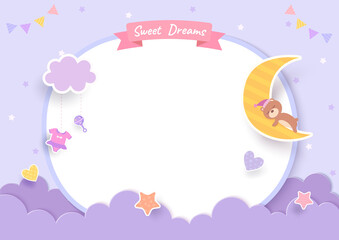 Baby shower card with teddy bear and moon on purple background