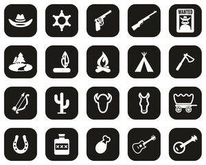 Canvas Print - Wild West Icons White On Black Flat Design Set Big