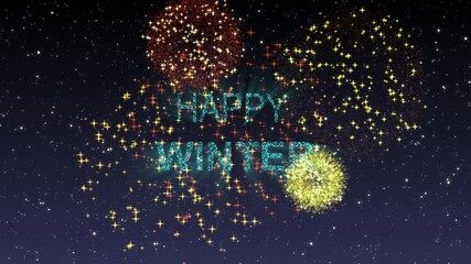 Wall Mural - Firework Happy winter sparkling year lettering with fireworks sparks particles background. Merry Christmas and Happy New Year background. Winter christmas backdrop in the sky for celebration holiday.