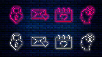 Set line Envelope with 8 March, Calendar with 8 March, Castle in the shape of a heart and 8 March in human head. Glowing neon icon on brick wall. Vector.