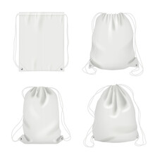 Rope Bag. Sport Fabric White Shoulder Drawstring Package Vector Realistic Collection. Bag Drawstring, Pack And Pouch, Backpack White Illustration