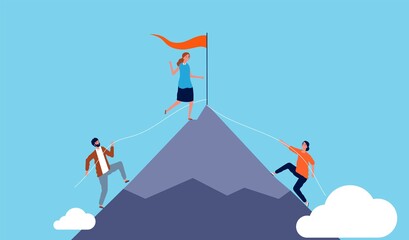 Poster - Career competition. Woman winner, business people climb to success. Self growth metaphor vector illustration. Success woman leadership, business career person