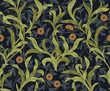 Floral seamless pattern with green leaves and orange flowers on dark background. Vector illustration.