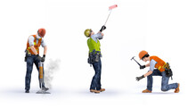Construction Workers Team Set Isolated On White Background. Jackhammer Builder Worker With Pneumatic Hammer Drill, Painter With A Roller, Carpenter Worker. 3D Workers Characters Design Illustration