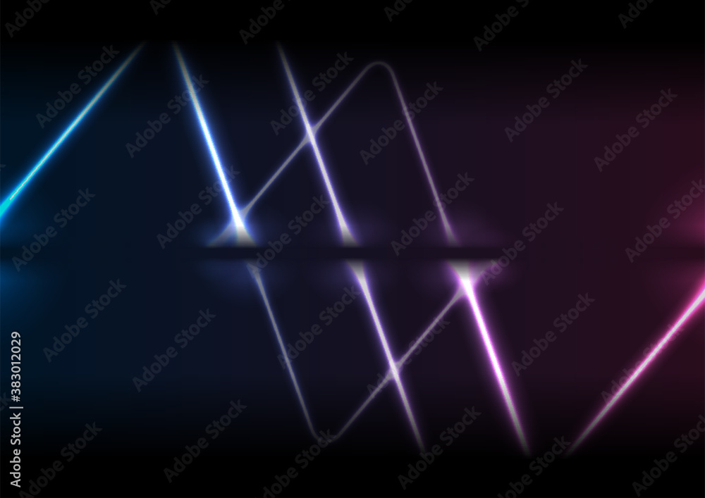 Blue and purple neon laser shapes. Abstract triangles technology retro ...