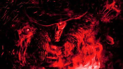 The sinister skeleton of the necromancer awakens many sinister spirits with bright demonic eyes, he is wearing a hat and fur coat, his bones are smitten with fire. 2D illustration.