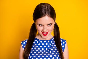 Close-up portrait of her she nice attractive lovely funky scary brown-haired girl grimacing scaring you nightmare isolated over bright vivid shine vibrant yellow color background