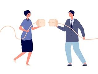 Wall Mural - Business power connection. Electricity powering, woman cooperation with man. Cable plug connect, intersexual partnership vector illustration. Business power wire, cord connected