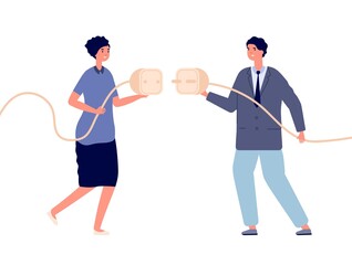 Poster - Business power connection. Electricity powering, woman cooperation with man. Cable plug connect, intersexual partnership vector illustration. Business power wire, cord connected