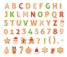 Gingerbread Alphabet. Merry Christmas And Happy New Year Figures Decorated Sugar Glazed English Letters, Numbers, Abc Homemade Traditional Cookies Winter Holiday Food Vector Set