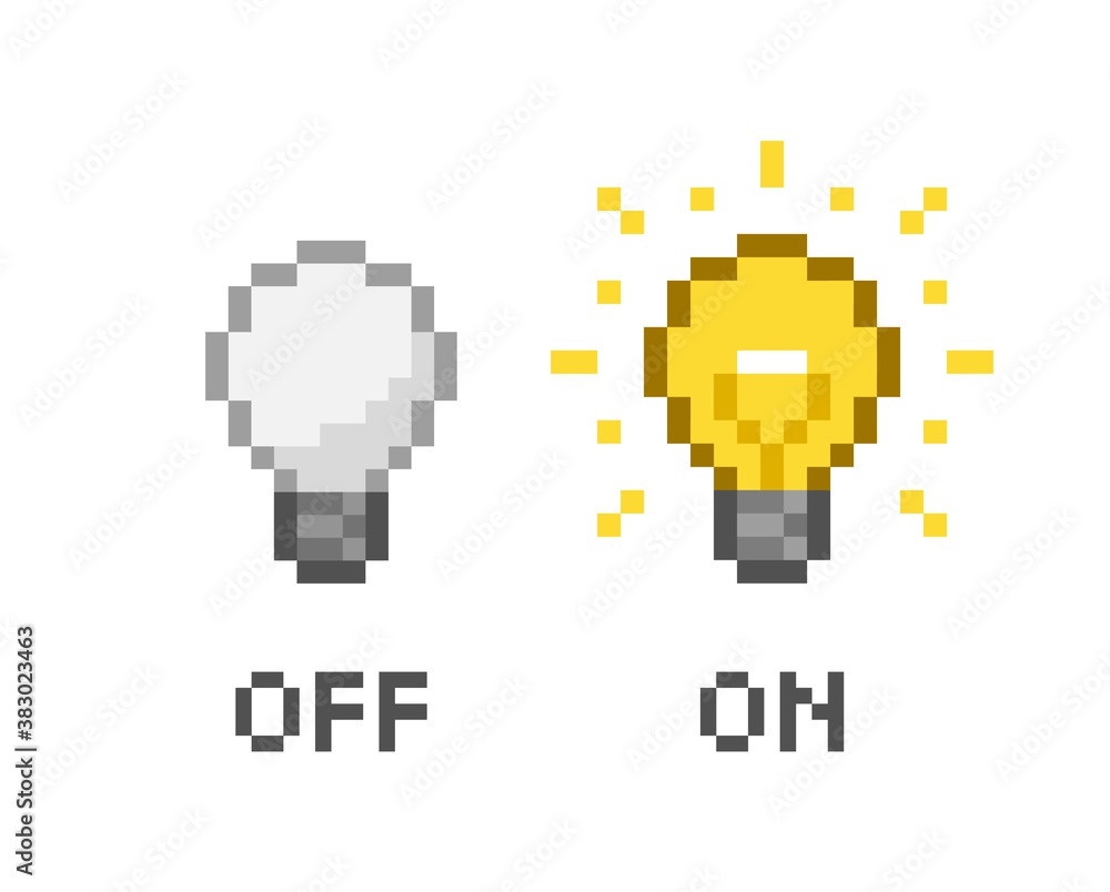 Pixel art 8-bit light bulbs set switch on, switch off icons - isolated ...